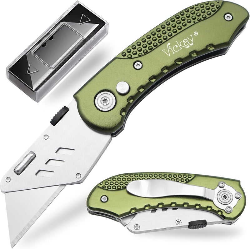 Vickay Folding Utility Knife, Box Cutter with 5 SK5 Quick Change Blades, Safety Axis Lock Design Razor Knife, Lightweight Aluminum Handle Belt Clip for Office Home Artcraft (Olive Green) - Image 1